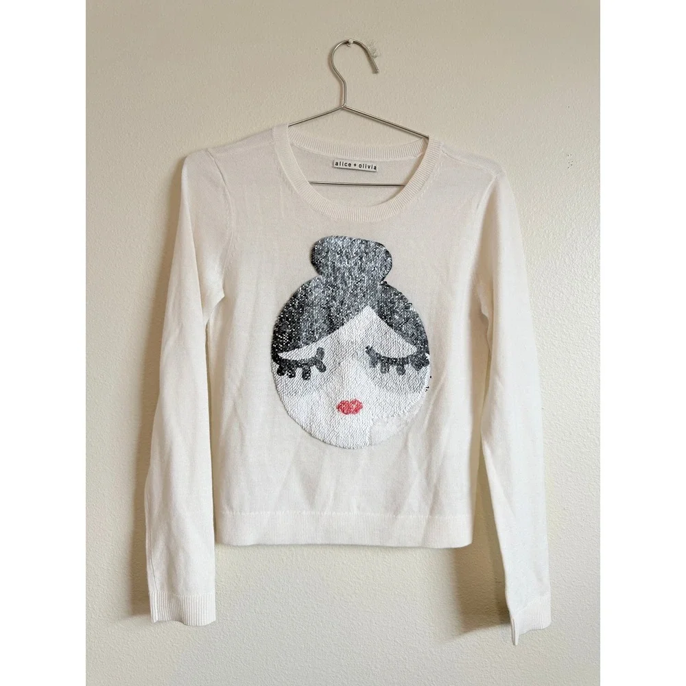 Alice + Olivia Sweater Womens White Stacey Face Sequin Wool Crew Neck C610711910